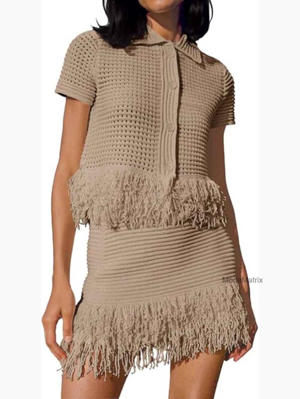 Women's 2 Piece Knit Sweater Top and Fringe Skirt Vacation Set